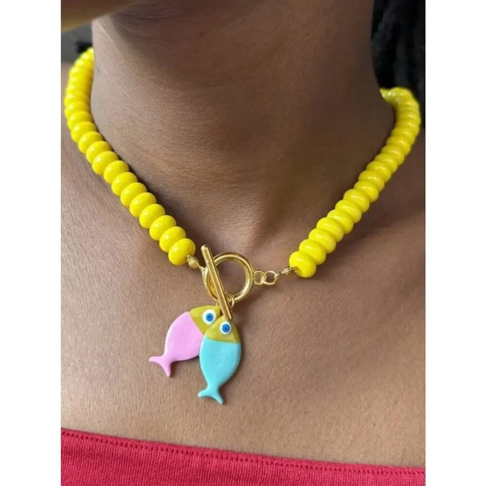 Yellow Beaded Necklace Fish Charms A1774